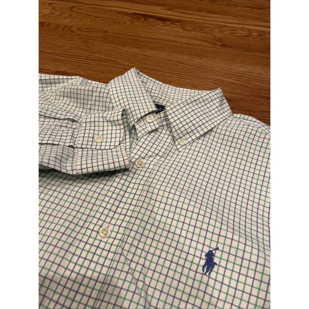 Ralph Lauren Mens Button Down Shirt Medium‎ Green Blue Plaid Classic Fit Cotton